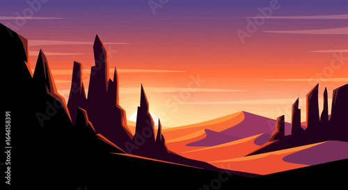Majestic desert landscape vector illustration with warm sunset hues and jagged rocks perfect for adventure and fantasy themes