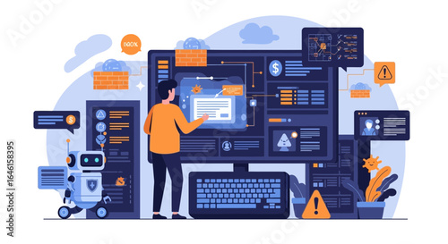 Modern Security System With Artificial Intelligence Flat Vector Illustration