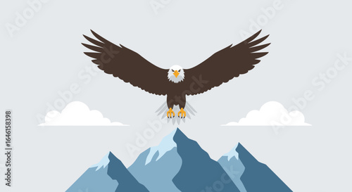 Majestic eagle soaring above snow-capped mountains with outstretched wings portraying freedom and adventure