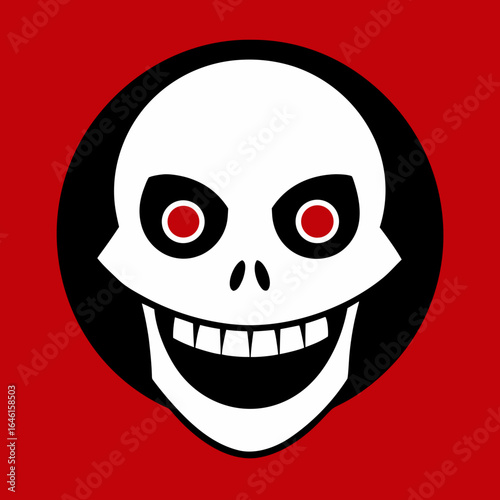 Stylized skull with red eyes and grinning mouth on red background
