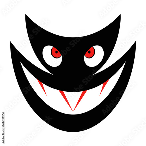 Scary black monster face with red eyes and sharp teeth