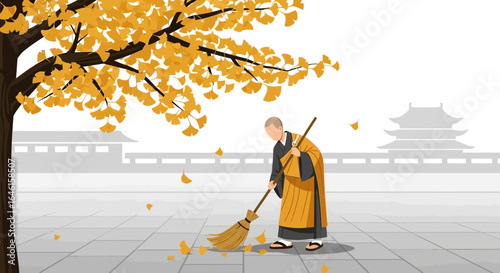 Monk Sweeping Fallen Ginkgo Leaves in an Asian Temple Garden Illustration