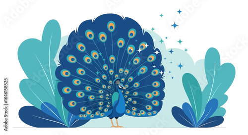 Majestic Peacock Displaying Feathers Surrounded by Decorative Foliage Illustration