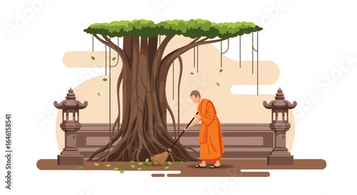 Monk sweeping fallen leaves at a temple complex with a majestic Banyan tree evoking serenity and dedication through visual narrative