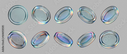 3D transparent glass coin icons with holographic effect, isolated on light background. Render of iridescent flying glassy coins, game tokens, casino chips, digital currency or reward medals. 3D vector