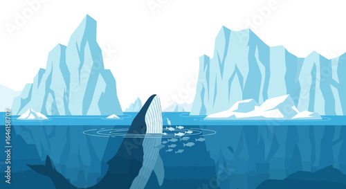 Majestic Whale Breaching in Arctic Waters Surrounded by Icebergs Graphic