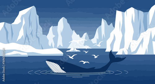 Majestic Whale Swimming Amidst Icebergs And Seabirds In A Arctic Environment