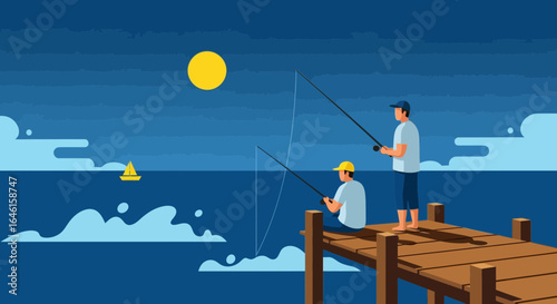 Moonlit Night Scene Of Two Men Fishing On A Wooden Pier Together