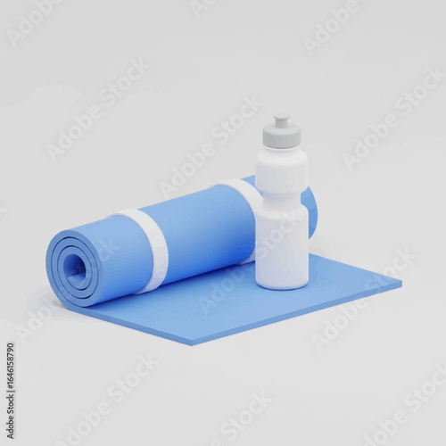 Rolled blue yoga mat and white water bottle on a light background.