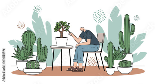 Man Admiring His Indoor Garden With Cacti And A Decorative Houseplant