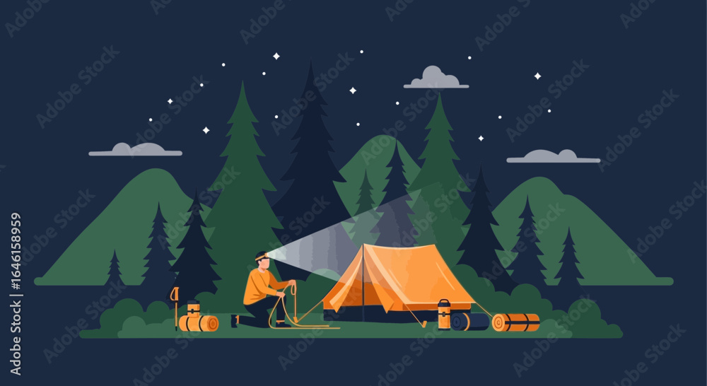 Fototapeta premium Man camping at night in a forest landscape setting up tent under the stars surrounded by trees