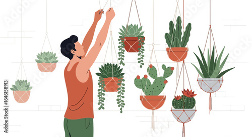 Man arranging hanging potted plants at home indoor gardening illustration