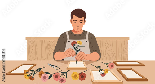 Man arranging flowers in frames at a table, artistic floral arrangement project in progress, detailed vector illustration showcasing floral crafts