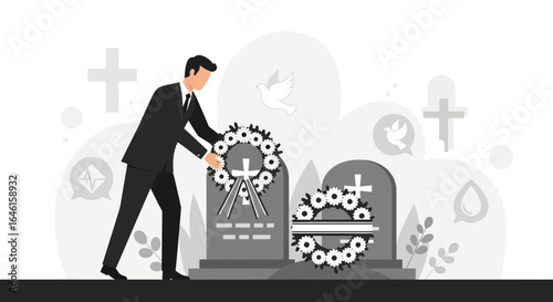 Mourning and Remembrance: A Man Placing a Wreath at a Graveside in a Cemetery