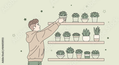 Man Arranging Succulent Plants on Shelves Illustration in Modern Style