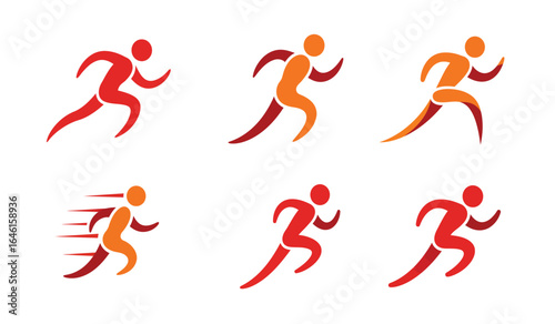 Six stylized abstract human figures in motion representing runners in various dynamic poses and colors isolated on white background