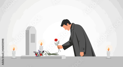 Mourning and Remembrance: A Man Pays Respects at a Graveside with Flowers and Candles