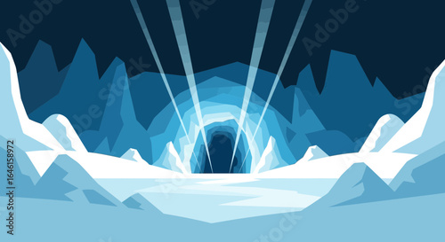 Mystic Ice Cave With Radiant Beams In A Frozen Landscape