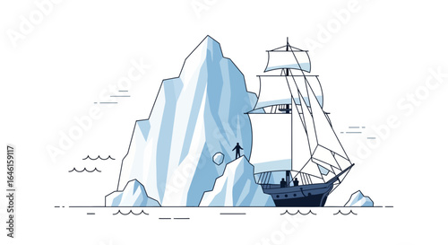 Nautical Adventure Graphic: Ship Navigating Iceberg Field in Arctic Waters, Exploring Cold Regions