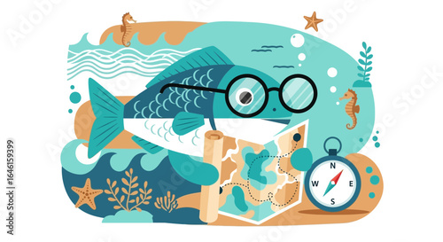 Oceanic Navigation Amusing Fish Character Reading Old Maritime Map