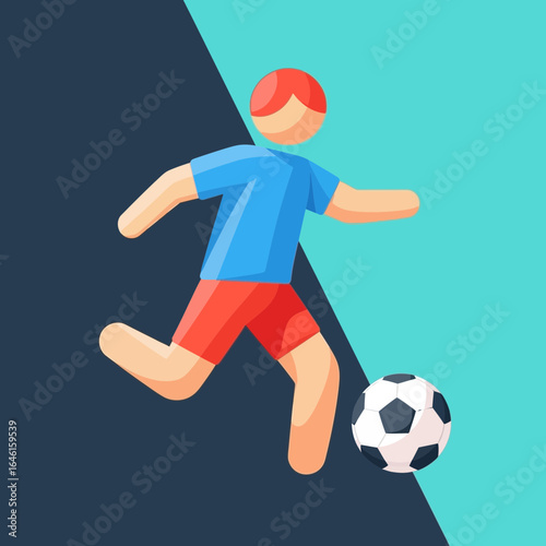 Cartoon person kicking soccer ball on divided blue background.
