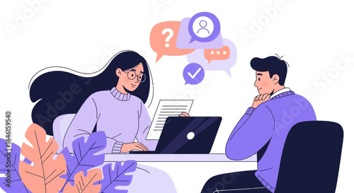Online interview illustration depicting a job search, teamwork, and communication with potential candidates through digital mediums