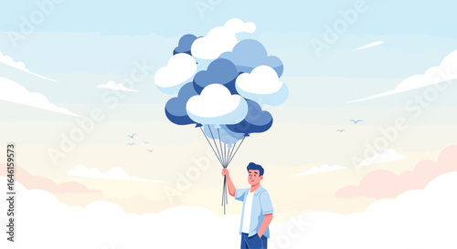 Man holding cloud balloons in the sky, symbolizing dreams, hope, and aspirations towards a brighter future and innovative solutions