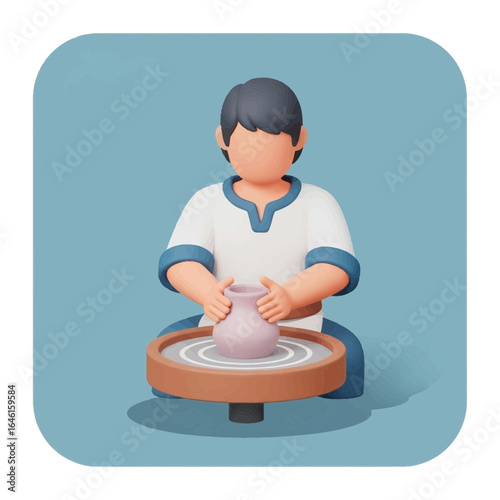 3D render of a person making pottery on a wheel against blue background.