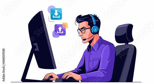 Man In Headset Providing Tech Assistance And Transferring Data Online
