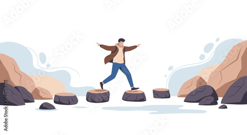 Man Jumps Across Stone Path Demonstrating Growth And Determination Concept