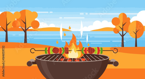 Outdoor Barbecue Picnic In Autumn Scene With Meat Vegetable Skewers