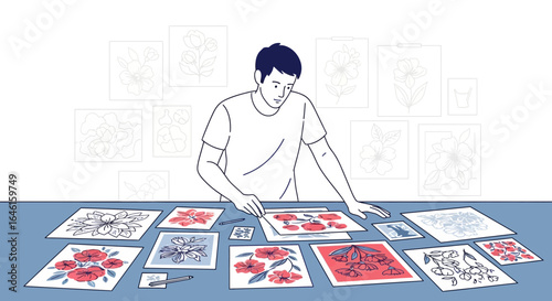 Man is creating floral designs for art project, displaying artistic flair and creativity in the process