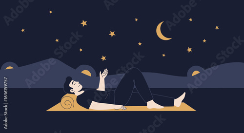 Man lies on a mat under the night sky watching stars and crescent moon