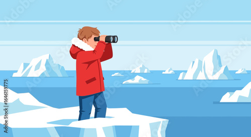 Man looking through binoculars on iceberg exploration in antarctica adventure, arctic discovery and remote area vector illustration