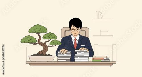 Overworked businessman in office drowning in paperwork with bonsai tree nearby showing work life balance or lack thereof