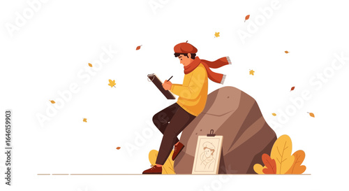 Man Painting on a Rock in Autumn Environment Illustration with Falling Leaves