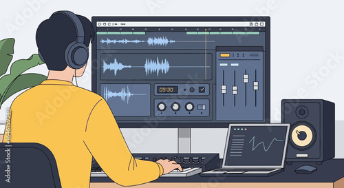 Man Producing Music in Home Studio with Computer and Music Software Interface