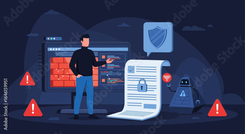 Man Presents Cybersecurity Measures for Online Safety With Firewall Protection