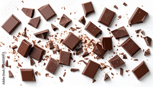 Chocolate pieces, crumbs, top view, white background.