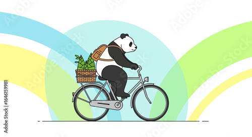 Panda On Bicycle Delivering Bamboo Shoots In Basket With Graphic Background