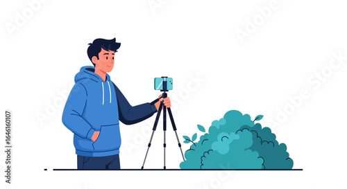 Man Recording Video Vlog Outdoors With Smartphone On Tripod Content Creator