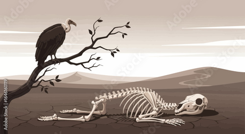 Parched Landscape with Animal Remains and Waiting Vulture in a Arid Scene
