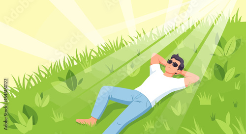 Man relaxing in the sun on a grassy hill, enjoying the peaceful atmosphere of nature and the gentle rays of sunlight