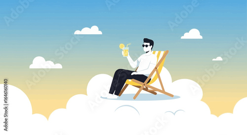 Man relaxing on a beach chair in the clouds with a cocktail dream vacation scene