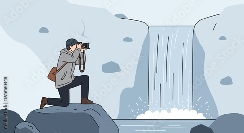 Man Taking Photo of Scenic Waterfall From Rocky Outcrop Vector