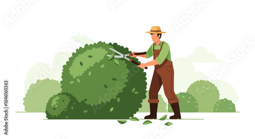 Man Trimming Bushes and Hedges Gardening Illustration for Landscaping Services