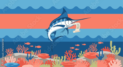 Marlin Delivering Important Documents Underwater with Coral Reef Backdrop