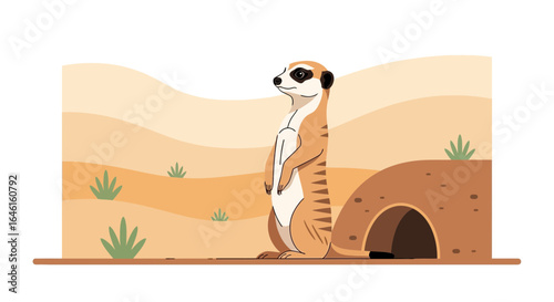 Meerkat standing in the desert landscape illustration with sand dunes and a burrow