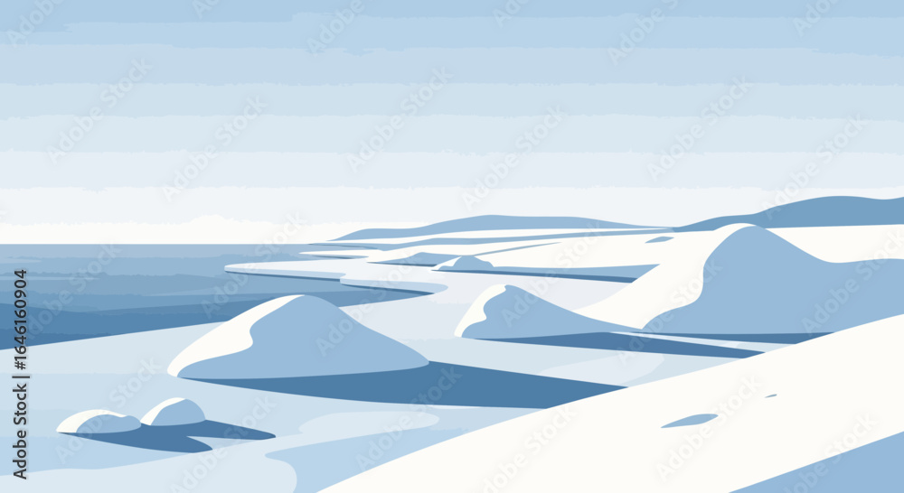 Obraz premium Minimalist Arctic Landscape With Snow Dunes And Cold Blue Sea Illustration