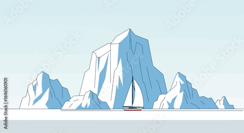 Minimalist Arctic landscape with sailboat navigating through towering icebergs illustration